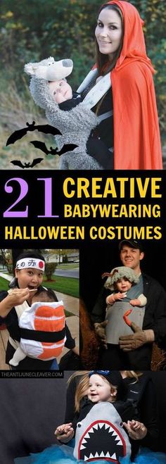 halloween costumes for babies and adults with text overlay that reads 21 creative babywearing halloween costumes