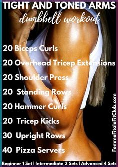 the back of a woman's torso with text that reads, how to get toned arms dumbbell workout