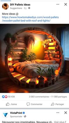 an image of a bed made out of wooden pallets with lights in the middle