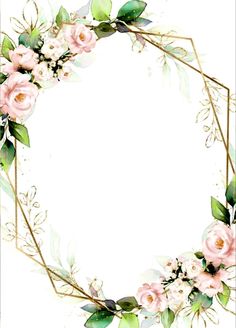 a floral frame with pink flowers and green leaves