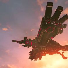 a sci - fi character flying through the air in front of a cloudy sky at sunset