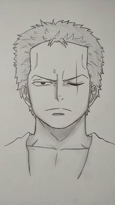 a drawing of an anime character with his eyes closed and one eye open, while the other