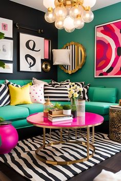 a living room filled with colorful furniture and pictures on the wall above it's coffee table