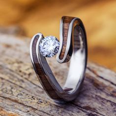 Wood Engagement Ring with Moissanite Stone and Koa Wood-3241 - Jewelry by Johan Wood Wedding Ring Women, Tension Set Engagement Rings, Colored Wedding Bands, Wood Engagement Ring, Dainty Wedding Band, Wood Wedding Ring, Engraved Wedding Rings, Tension Setting, Future Dreams