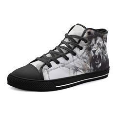 Classic beautiful high top canvas shoes. Perfect for all occasions.. Designed For Unisex. Rubber strong and soft outsoles for high top canvas shoes.Canvas upper lining construction with EVA padded insoles.Complete with metal eyelets and a lace up closure for a classic look. Size Chart Lion Black And White, Shoes Watercolor, Lion Black, Shoes Canvas, Canvas Shoes, Classic Looks, High Top, High Tops, Lion