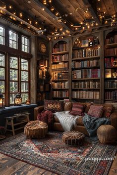 a living room filled with lots of furniture and bookshelves covered in lights next to a window