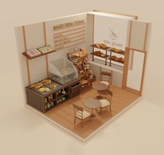 a small bakery shop with tables and chairs