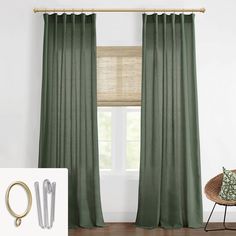 the curtains in this room are green and have gold rings hanging from them, along with an open window