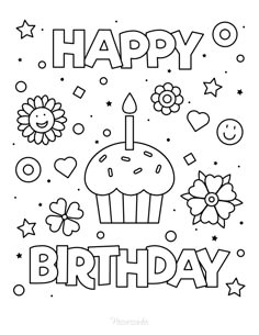 happy birthday coloring page with cupcake and flowers