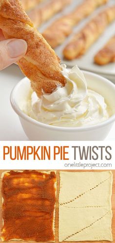 pumpkin pie twists being dipped with whipped cream