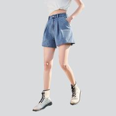 From 2023 Summer Collection. introducing the latest in streetwear style fashion our pleated waistband women's denim shorts! Crafted with the modern fashionista in mind. these stonewashed. wide-leg. high-waist shorts are the perfect blend of comfort and sophistication. Featuring a zipper and button closure. these shorts are made of premium quality viscose fabric for ultimate durability.Why These Shorts Should Be Your Next PurchaseYou'll be sure to make a statement in these shorts. designed to be Women Denim Shorts, Oversized Denim Jacket, Jeans For Short Women, Streetwear Style, Latest Trend, Denim Shorts Women, Casual Attire, Viscose Fabric, Wide Leg Denim