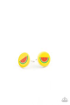 watermelon stud earrings in yellow with green and red stripes on the outside of it