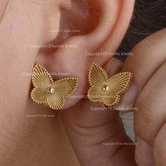 Solid 14K Yellow/Rose/White Gold Butterfly Stud Earrings Handmade Jewelry Gift For Her By Sushila Jewelry ≫ Features * Items Code : SGE01128 * Metal: 14K Solid Gold (18K also available - Additional fees may apply) * More option in gold color: Rose gold, yellow gold, White gold * Studs Size:- 15 x 13 mm ≫ FAQ below for more detail. ✦ Sizing ... We can adjust most items to fit your sizing preferences. Most items can be made to any size and length. Please leave a note at checkout or contact us via Multiple Piercings Earrings, Diamond Ear Cuff, Butterfly Earrings Gold, Butterfly Stud Earrings, White Gold Studs, Handmade Fine Jewelry, Butterfly Earrings Stud, Handmade Jewelry Gift, Earrings Studs