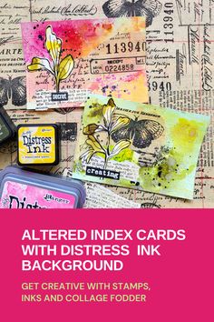 altered index cards with distress inks and stamp pads are displayed on top of a table