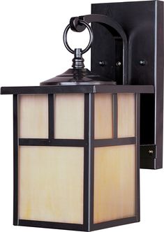 a light fixture with a brown and white glass shade on it's side wall