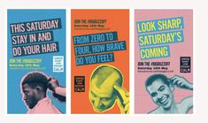 three different posters for hair stylists and salons, one with an image of a man's head