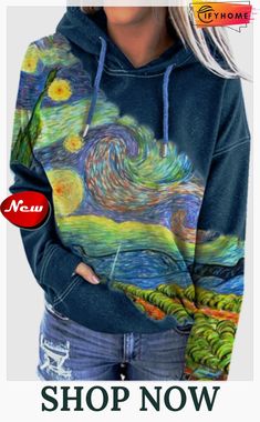 Hooded Abstract Printed Casual Sweatshirt Patchwork Hoodie, Sky Abstract, Style Vans, Bleu Violet, Sweatshirts Online, Abstract Nature, Women Hoodies Sweatshirts, Loose Tops, Nature Landscape