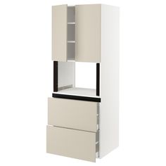 a white cabinet with two drawers and a black top on the bottom one drawer is open