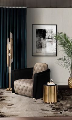 a black and gold chair sitting in front of a window next to a green plant