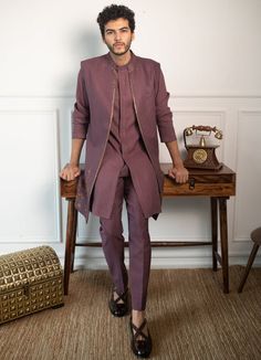 Buy Wine Hand embroidered Kurta and pant set with shrug by Contrast by Parth at Fabilicious Fashion! Shop made-to-measure Indian wedding wear and jewellery with fast shipping to USA, UK, and Canada. Indian Wedding Suits Men, Groom Dress Men, Indian Groom Wear, Wedding Dresses Men Indian, Sangeet Outfit, Men's Wedding Outfit, Gents Kurta Design