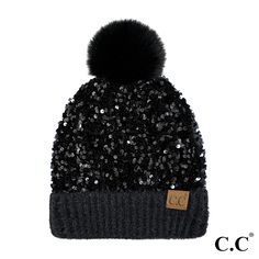 Add some sparkle to your wardrobe with this Black Sequin Fur Pom Beanie! Soft and comfortable, this beanie is soft to the touch and features a lined inner for added warmth and comfort. Crafted from 100% polyester, this hat is perfect for everyday wear. Beanie With Pom Pom, Beanie With Pom, Baby Boy Toys, Cc Beanie, Travel Size Beauty Products, Stylish Hats, Faux Fur Pom Pom, Pom Beanie, Fur Pom Pom