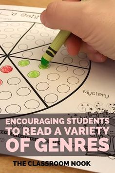 a close up of a person writing on a piece of paper with the text encouraging students to read a variety of geries