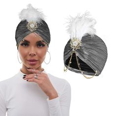 PRICES MAY VARY. Materials: this snowflake rhinestone turban hat is made of polyester, embellished with snowflake rhinestone brooch, feather, subtly hanging rhinestone pearl chain, sparkling fabric is soft and comfortable, breathable, wind blocking in winter, and can be worn in spring and fall. Size: pre-tied ruffled headwarp bonnet is suitable for people with head circumference around 22 - 25 inches (58 - 64 cm), ruffled design is easy to wear, it can keep your hairstyle in place, won't make yo Adjustable Winter Turban, One Size Party Headwrap Hat, Bead Knot, Sparkling Fabric, Wind Blocking, Head Turban, Turban Cap, Vintage Feather, Elegant Snowflake