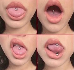 four pictures of a woman's tongue with piercings on it, including the top part of her mouth