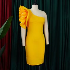 Yellow Sleeveless Ruffled One Shoulder Bodycon Dress One Shoulder, Bodycon Dress, Yellow