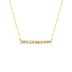 18K gold, Sterling Silver base pendant set with high-quality multi-colored cz crystals. Chain measures 16-18 inches in length. Dimensions: Length: 3 mm Width: 31 mm Rainbow Bar Necklace, Gold Bar Necklace, Pendant Set, Bar Necklace, Multi Colored, Arrow Necklace, 18k Gold, Gold Necklace, Crystals