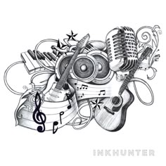 a drawing of musical instruments and music notes