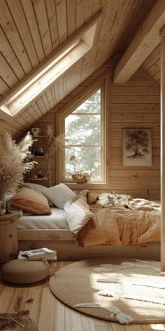 a bedroom with wooden walls and flooring in the middle of it is furnished with natural materials