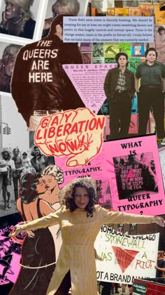 a collage of posters, photos and other items in the shape of a woman with her arms spread out