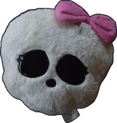 a white stuffed animal with a pink bow on it's head and black eyes