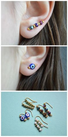 three different pictures of ear piercings with evil eyes and beads on the side of them