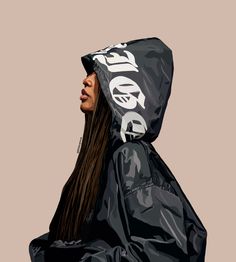 a woman with long hair wearing a black raincoat and hoodie, looking off to the side