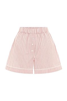 EDIE SHORT - STRAWBERRY STRIPE – THE POSSE US Striped Cotton Pajama Shorts For Pajama Party, Pink Relaxed Fit Shorts For Daywear, Pink Cotton Shorts For Daywear, Pink Bottoms With Vertical Stripes For Summer, Summer Pink Bottoms With Vertical Stripes, Pink Vertical Striped Bottoms For Summer, Pink Vertical Stripes Bottoms For Summer, Striped Bottoms For Summer Pajama Party, Striped Cotton Bottoms For Pajama Party