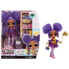 the doll has purple hair and is holding a wand