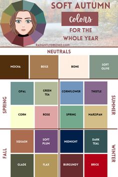 Soft Autumn Seasonal Color Palette, Soft Autumn Swatches, Soft Autumn Vs Dark Autumn, Makeup For Soft Autumn Brown Eyes, Color Analysis Soft Autumn, Soft Autumn Classic Style, Soft Autumn Boho Outfits