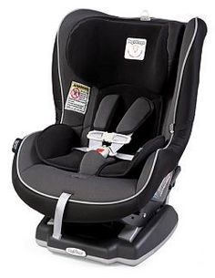 the child's car seat is black and has a white tag on it that says,