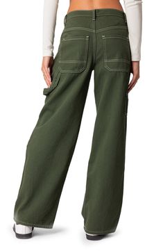 A more minimalist take on the utility trend, these nonstretch carpenter jeans feature a low-rise waist, straight legs and a cool earthy wash. Zip fly with button closure Five-pocket style 100% cotton Machine wash, dry flat Imported Girl Closet, Green Jeans, Carpenter Jeans, Party Tops, Basic Tee, Denim Fabric, Pacsun, Model Height, Style Design