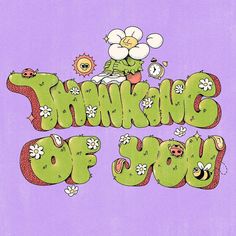 the words thank you written in green on a purple background with cartoon animals and flowers