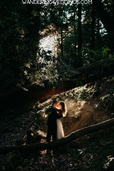 a bride and groom embracing in the woods