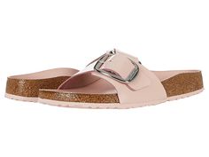 Birkenstock Madrid Big Buckle - Women's Sandals : High Shine Light Rose Leather : The Madrid Big Buckle by Birkenstock is the iconic style you love, with contemporary and bold buckles you'll love even more! Premium leather uppers with an open toe. Slip-on slide with an adjustable buckle closure. The leather lined, contoured cork footbed will mold to the shape of your foot creating a custom footbed that supports and cradles you each and every step. Raised toe bar is designed to encourage the natu Chic Adjustable Footbed Sandals With Buckle, Chic Adjustable Footbed Sandals With Buckle Closure, Chic Adjustable Buckle Footbed Sandals, Classic Flat Footbed Sandals For Spring, Spring Flat Footbed Sandals With Tang Buckle, Modern Footbed Sandals With Tang Buckle For Spring, Chic Spring Footbed Sandals With Tang Buckle, Modern Adjustable Footbed Sandals With Buckle Closure, Classic Double Strap Footbed Sandals For Spring