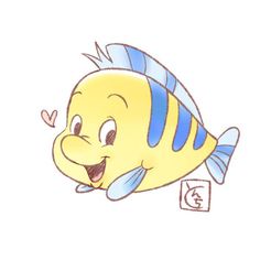 a drawing of a yellow fish with blue stripes on it's head and eyes