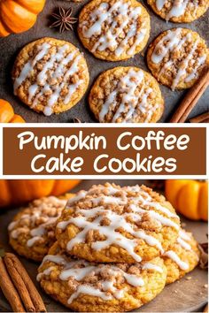 pumpkin coffee cake cookies with white icing and cinnamon on top, next to an image of