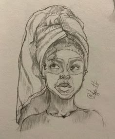 a drawing of a woman with a towel on her head