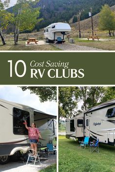 an rv with the words cost saving rv clubs in front of it and two photos of people