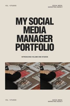 the front cover of a book with black and white images on it, which reads'my social media manager portfolio '