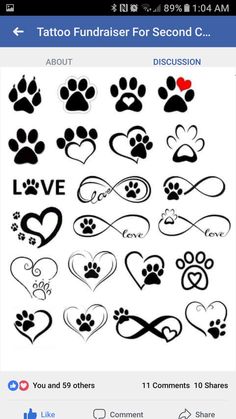 an image of some tattoos on the phone with hearts and paw prints in black and white